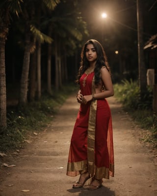 20 year old indian woman in pattu pavada, street photography ,(( night:1.3)), thick waist, long curly brown hair, gold jewels, front view, movie scene,(( close mouth)))cinematic, high-quality, ultra-detailed, professionally color graded, professional photography.  ( hard light:1.2), (volumetric:1.2), well-lit, double exposure, award-winning photograph, dramatic lighting, dramatic shadows, illumination, long shot, wide shot, full body, at studio, smart watch on left hand, happy_face, iso 200, Fast shutter speed, 1/500 sec shutter, golden_jewelry, embroidered traditional indian dress, , salwar, red cloth, sleeveless,18 year old girl,1 girl,Sexy Pose