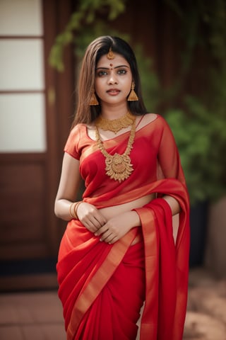 Raw photo of (25yo Kerala Beautiful young woman:1.1) (best quality, highres, ultra-detailed:1.2), vibrant colors, glowing dimond, glowing eyes, realistic Raw photo, realistic lighting, traditional Red saree,  exotic beauty, mesmerizing eyes, girl ,Thrissur,Mallu 