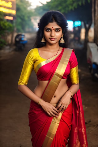 Raw photo of (25yo Kerala Beautiful young woman:1.1) (best quality, highres, ultra-detailed:1.2), vibrant colors, glowing dimond, glowing eyes, realistic Raw photo, realistic lighting, traditional Red saree,  exotic beauty, mesmerizing eyes, girl ,Thrissur