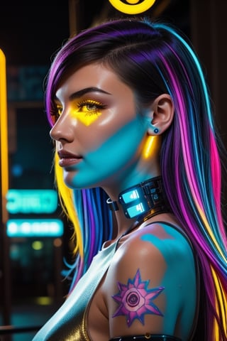 Subject: A captivatingly beautiful young woman with cascading black hair streaked with vibrant neon blue or purple highlights. Her skin is smooth and sun-kissed, adorned with intricate cybernetic enhancements like glowing bioluminescent tattoos or metallic ear cuffs that seamlessly blend with her traditional gold nose ring.
