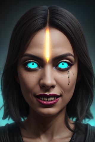 best quality,  8k,  ultra-detailed,  realistic:1.37,  vibrant colors,  vivid shading,  breathtaking portrait of an alien shapeshifter entity,  mesmerizing eyes,  intricate facial details,  otherworldly skin texture,  insane smile,  unnerving and intricate complexity,  surreal horror atmosphere,  dark shadows,  inverted neon rainbow drip paint,  ethereal glow,  hypnotic energy,  transcendent beauty,  mystical aura,  octane render,,Realism,photorealistic