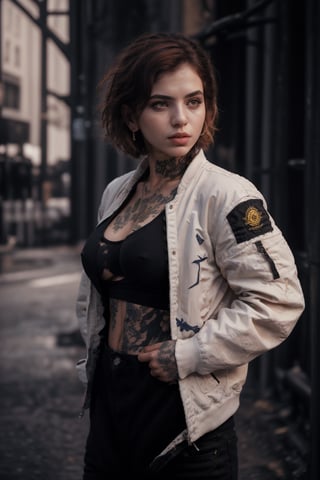 Best quality, masterpiece, 1boy, big boob , red hair, short hair, yellow eyes, spiky hair, tattoos, black pants, upper body, ear piercings, blue and white bomber jacket, profile picture, smoking