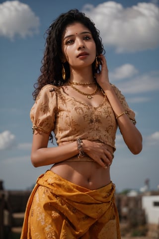 Create a realistic beautiful picture of ((Mallu girl:1.2)), curly hair, cinematic blue yellow colour grading, 16k, shot on ((Fujifilm)) tx3, traditional ornaments:1.5, gold necklace, earrings,sexy, perfect eyes, slim, rise two hands:1.1, (((gold chain gold necklace)))(((gold ornaments on her hip)))), Indian, 1girl, solo, long hair, breasts, shirt, black hair, thighhighs, navel, cowboy shot, sky, midriff, cloud,, arm up, lips, crop top, cloudy sky, fire, lace trim, lace, realistic, lace-trimmed legwear, photorealistic,aodai cyber,FUJI