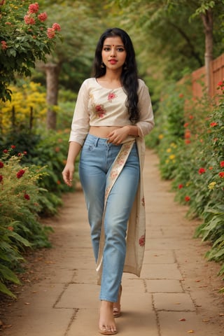 A typical mallu girl, (superior, Hires), detailed eyes, detailed lips, flowing black hair, jeans top, vibrant colors, natural lighting, lush red background, ethereal atmosphere, delicate makeup, elegant jewelry, confident expression, traditional patterns, Traditional shoes on feet, walking in the garden,full size realistic image.,Girl ,Mallu
