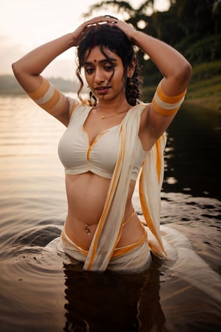 priya warior, Raw photo, realistic, 20 year old  woman,, long curly brown hair, movie scene, cinematic, navel, high-quality, ultra-detailed, professionally color graded, professional photography.  ( hard light:1.2), (volumetric:1.2), well-lit, double exposure, award-winning photograph, happy_face, Fast shutter speed, 1/1000 sec shutter, salwar, yellow cloth, sleeveless,Sexy Posel,REALISTIC,photorealistic