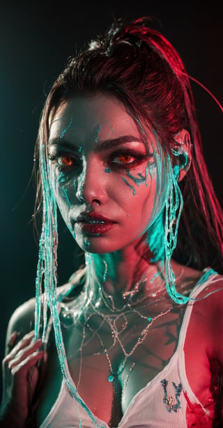 best quality,  8k,  ultra-detailed,  realistic:1.37,  vibrant colors,  vivid shading, ( breathtaking portrait of an alien shapeshifter entity),  mesmerizing eyes, navel, , sexy' intricate facial details,  otherworldly skin texture,   unnerving and intricate complexity,  surreal horror atmosphere,  dark shadows,  inverted neon rainbow drip paint,  ethereal glow,  hypnotic energy,  transcendent beauty,  mystical aura,  octane render,,Realism,photorealistic,redneonstyle, glowing, red theme,27yo women