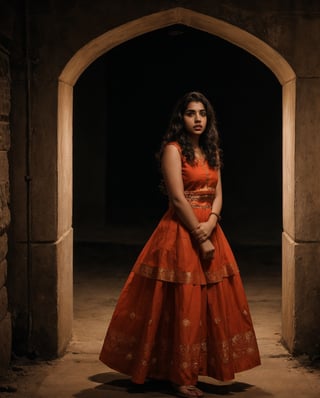 Face close up shot, 20 year old indian woman in pattu pavada, street photography ,(( night:1.3)), thick waist, long curly brown hair, teel and orange colour grading, Moody black, front view, movie scene,(( close mouth)))cinematic, high-quality, ultra-detailed, professionally color graded, professional photography.  ( hard light:1.2), (volumetric:1.2), well-lit, double exposure, award-winning photograph, dramatic lighting, dramatic shadows, illumination, long shot, wide shot, full body, at studio, smart watch on left hand, happy_face, iso 200, Fast shutter speed, 1/500 sec shutter, golden_jewelry, embroidered traditional indian dress, , salwar, red cloth, sleeveless,18 year old girl,1 girl,Sexy Pose