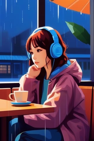lofi anime, 1 girl,Wearing headphone street fashion, sitting in coffee shop, rainy days, windows,lofi style,Pixel Art,lofi,flat design,illustration,anime,anime style,Realistic