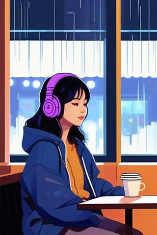 lofi anime, 1 girl,Wearing headphone street fashion, sitting in coffee shop, rainy days, windows,lofi style,Pixel Art,lofi,flat design,illustration,anime,anime style,Realistic