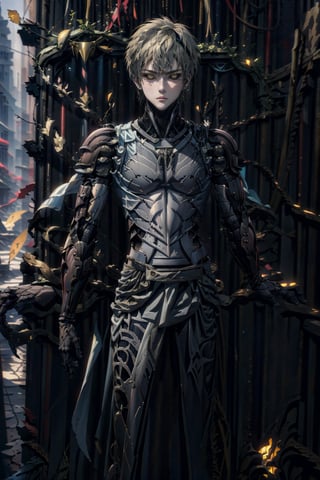 (masterpiece, best quality:1.4), ultra-detailed a man with a sword standing in front of a castl,futurstic armor,genos