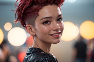 a 20 yo girl, looking over shoulder, in-love, smile, blushed, cute, (mid-long natural red hair), loose shirt, perky, medium breasts, ((madison beer:0.3), (barbara palvin:0.3), (karlie kloss:0.4)), (hi-top fade:1.3), party background, bokeh, dark theme, soothing tones, muted colors, high contrast, (natural skin texture, hyperrealism, soft light, sharp), (close-up shot)