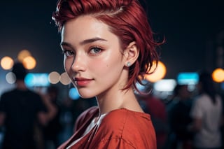 a 20 yo girl, looking over shoulder, in-love, smile, blushed, cute, (mid-long natural red hair), loose shirt, perky, medium breasts, ((madison beer:0.3), (barbara palvin:0.3), (karlie kloss:0.4)), (hi-top fade:1.3), party background, bokeh, dark theme, soothing tones, muted colors, high contrast, (natural skin texture, hyperrealism, soft light, sharp), (close-up shot)