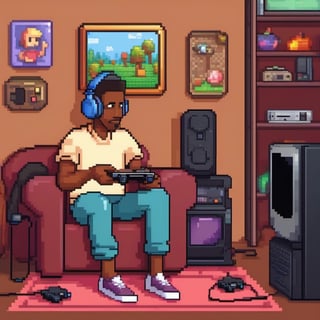 pixel art style, (best quality), (masterpiece), (detailed),   A black man looking at tv with headphones and video game controller in his hands playing online 