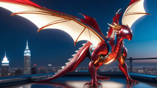 A Dragon with huge wings made for Ironman on the roof corner, shiny metal look, insane detail, luxury, intricate carving, intricate lines, Zbrush, 3D, 8K (best quality:1.33), 1Spiderman, futuristic skyscrapers in the background, starry night sky, cinematic lighting, blue orb in the background, SteelHeartQuiron character