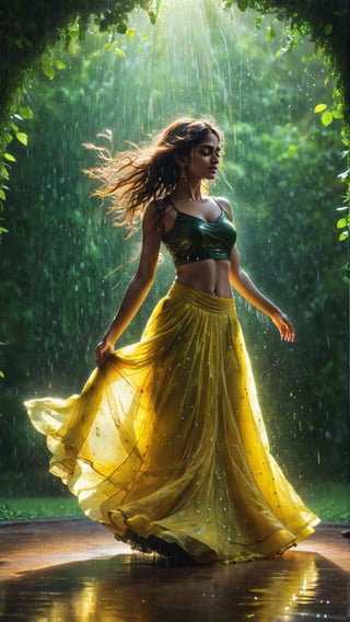 (masterpiece, best quality:1.2), 1girl, an abstract image of an Indian girl wearing a long flowing yellow lehenga and black choli, dancing in the heavy rain as if nobody is watching, long hair flowing, a painting depicting freedom and bliss, spotlight, light particles swirling, extremely detailed, dynamic background, 8k resolution, looking away, one nice light source over the face, greenery around, serene environment, bright green leaves shining, light reflecting from the droplets of rain, ultra-high resolution, photographic light, full body, illustration by MSchiffer, fairytale, sunbeams, best quality, best resolution, cinematic lighting, Hyper detailed, Hyper-realistic, masterpiece, atmospheric, high resolution, vibrant, dynamic studio lighting, wlop, Glenn Brown, Carne Griffiths, Alex Ross, artgerm and james jean, spotlight, fantasy, surreal,A girl dancing 