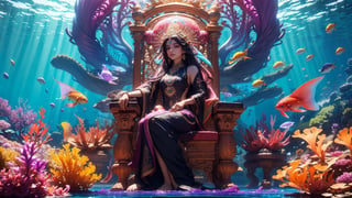 (masterpiece, top quality, best quality, official art, beautiful and aesthetic:1.2), (1girl), A beautiful girl wearing a beautiful transparent magenta and black gown, (sitting on a royal chair), (side profile), underwater, god rays coming down, cinematic lighting, colorful various kinds of fishes swimming by, (colorful exotic fishes), colorful ocean vegetation, contrast, extremely detailed,(abstract, fractal art:1.3), colorful flowing hair, magical, bright light source, highest detailed, detailed_eyes, (underwater), Indian