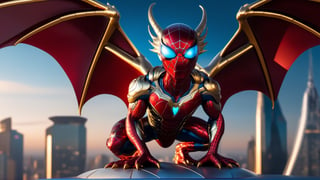 A Dragon with huge wings made for Ironman on the roof corner, shiny metal look, insane detail, luxury, intricate carving, intricate lines, Zbrush, 3D, 8K (best quality:1.33), 1Spiderman, futuristic skyscrapers in the background, starry night sky, cinematic lighting, blue orb in the background, SteelHeartQuiron character