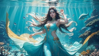 (masterpiece, top quality, best quality, official art, beautiful and aesthetic:1.2), (1girl), A beautiful girl wearing a beautiful transparent cyan gown playing a royal piano, underwater, god rays coming down, cinematic lighting, beautiful colorful fishes swimming by, colorful ocean vegetation, extremely detailed,(abstract, fractal art:1.3), colorful flowing hair, magical, brightly light source, highest detailed, detailed_eyes, (underwater), Indian