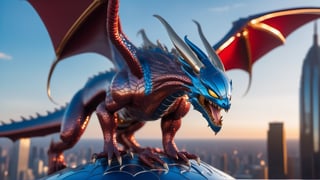 A Dragon with huge wings made for Ironman on the roof corner, shiny metal look, insane detail, luxury, intricate carving, intricate lines, Zbrush, 3D, 8K (best quality:1.33), 1Spiderman, futuristic skyscrapers in the background, starry night sky, cinematic lighting, blue orb in the background, SteelHeartQuiron character