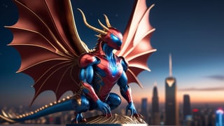 A Dragon with huge wings made for Ironman on the roof corner, shiny metal look, insane detail, luxury, intricate carving, intricate lines, Zbrush, 3D, 8K (best quality:1.33), 1Spiderman, futuristic skyscrapers in the background, starry night sky, cinematic lighting, blue orb in the background, SteelHeartQuiron character