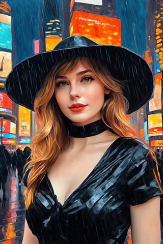 ellafreya wearing a black dress in anime Times Square on a rainy night, oil painting, in the style of Claude Monet, cleveage, Impressionism, thick brush strokes, vivid colors, breathtaking, masterpiece, trending on ArtStation, looking into the camera, (cowboy shot)
