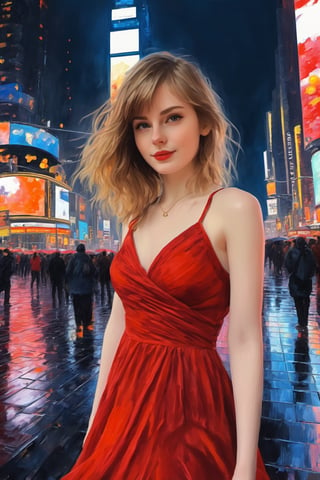 ellafreya wearing a red dress in anime Times Square on a rainy night, oil painting, in the style of Claude Monet, cleveage, Impressionism, thick brush strokes, vivid colors, breathtaking, masterpiece, trending on ArtStation, looking into the camera, (bust shot)