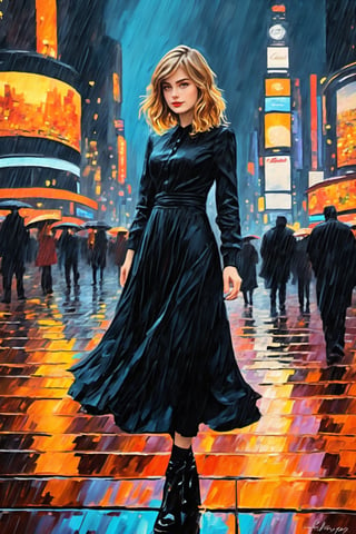 ellafreya wearing a black dress in anime Times Square on a rainy night, oil painting, in the style of Claude Monet, cleveage, Impressionism, thick brush strokes, vivid colors, breathtaking, masterpiece, trending on ArtStation, looking into the camera