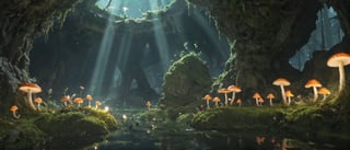 magical world, magical beings, fireflies, mushrooms, moss, water, epic, 3d, 3d render,3l3ctronics,aw0k geometry, Elves, gnomes, Elves.,Epic Caves