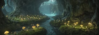 magical world, magical beings, fireflies, mushrooms, moss, water, epic, 3d, 3d render,3l3ctronics,aw0k geometry, Elves, gnomes, Elves.,Epic Caves