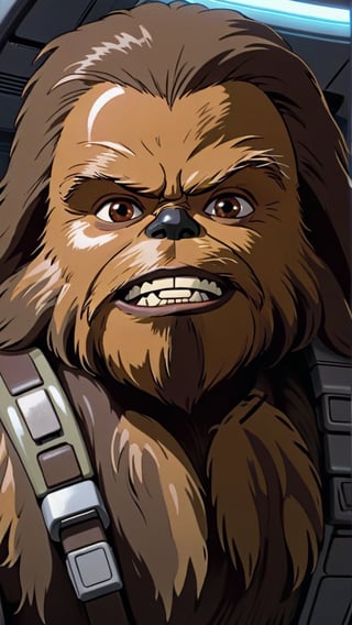 a close-up of the character Chewbacca, masterpiece, bright light (perfect face, detailed face), a background in a spaceship, anime, Studio Ghibli style, StdGBRedmAF