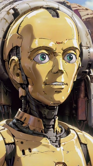 a close-up of the character C-3PO, masterpiece, bright light (perfect face, detailed face), 1robot, a background in a desert, anime, Studio Ghibli style, StdGBRedmAF