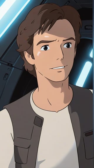 a close-up of the character han solo,hairstyle with a middle part, wearing a black vest and white t-shirt, masterpiece, bright light (perfect face, detailed face), 1man, a background in a spaceship, Studio Ghibli style, StdGBRedmAF