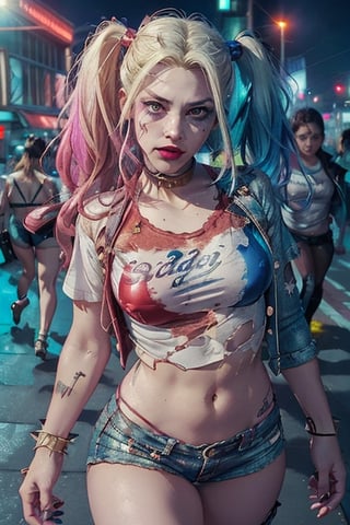 (((hyper realistic face)))(((extreme realistic skin detail))) (face with detailed shadows) (masterpiece:1.2, highest quality), (realistic, photo_realistic:1.9), ((Photoshoot)),

(a beautiful girl), 
((Harley Quinn with the face of KatyRock)), ((big_boobs, large pelvic, wide hip, midriff, narrow waist, nice ass, curvy waist:1.2)), ((slim, skinny waist:1.4)), ((sexy smile)), ((long_hair)), seductress, tempting, smug face, ((wide hips)) masterpiece, ((wearin white t-shirt, red and blue bikini, very small short shorts :1.2)), 
depth of field, spiked bracelet, torn clothes,
fishnet pantyhose, 
((looking_at_viewer)),(detailed face:1.2), (detailed eyes:1.2), (detailed background), (gradients), colorful, detailed landscape, visual key, 
shiny skin. In a modern city street, 
tall buildings at night. 
Medium shot. Action camera. Portrait film. Standard lens. Golden hour lighting.
sharp focus, 8k, UHD, high quality, frowning, intricate detailed, highly detailed, hyper-realistic. 