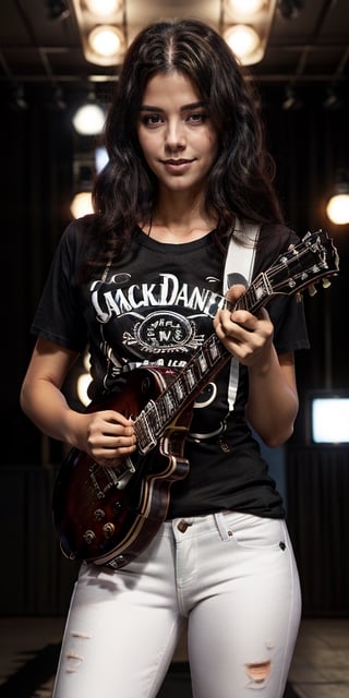 masterpiece, beat quality, woman standing front to the camera with the face of IrinaStar, ((wearing a black Jack Daniels's t-shirt)), (((white jeans))) and (((holding a Gibson LesPaul Guitar))) with finely detailed beautiful brown eyes and detailed face a sexy smile and long_hair.
cinematic lighting,
8k uhd, dslr, soft lighting, 
high quality, film grain, Fujifilm XT3, 
extremely detailed CG unity 8k wallpaper,
on the stage of a theater In the street with a rock band and professional lighting.
JackTshirt.