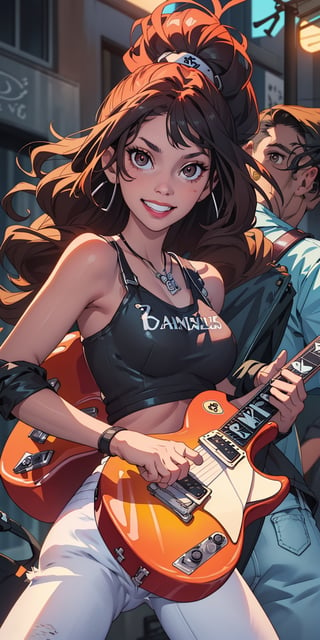 masterpiece, beat quality, woman standing front to the camera with the face of KatyRock, ((wearing a black Jack Daniels's tank top)), (((white jeans))) and (((playing a Gibson LesPaul Guitar))) with finely detailed beautiful brown eyes and detailed face a sexy smile and long_hair.
cinematic lighting,
8k uhd, dslr, soft lighting, high quality, 
In the street with a rock band and professional lighting.
JackTshirt