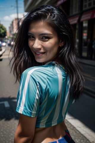 masterpiece, beat quality, AdriRock,
((Wearing shirt of Argentina footbal soccer)), ((brown eyes)),
(finely detailed face), 
sexy smile, long_hair,
cinematic lighting, ((bust shot)),
8k uhd, dslr, soft lighting, 
high quality, film grain, Fujifilm XT3, 
extremely detailed CG unity 8k wallpaper,
Street in a modern city in a sunny day.