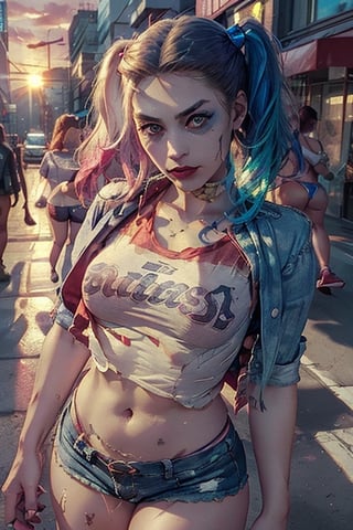 (((hyper realistic face)))(((extreme realistic skin detail))) (face with detailed shadows) (masterpiece:1.2, highest quality), (realistic, photo_realistic:1.9), ((Photoshoot))
(a beautiful girl), 
((Harley Quinn with the face of KatyRock)), ((big_boobs, large pelvic, wide hip, midriff, narrow waist, nice ass, curvy waist:1.2)), ((slim, skinny waist:1.4)), beautiful smiles, ((long_hair)), seductress, tempting, smug face, ((wide hips))masterpiece, 
((wearin white t-shirt, red and blue bikini, 
very small short shorts :1.2)), 
depth of field, 
((looking_at_viewer)),(detailed face:1.2), (detailed eyes:1.2), (detailed background), (gradients), colorful, detailed landscape, visual key, 
shiny skin. Street in a modern city, 
tall buildings, a dazzling sunset. 
Medium shot. Action camera. Portrait film. Standard lens. Golden hour lighting.
sharp focus, 8k, UHD, high quality, frowning, intricate detailed, highly detailed, hyper-realistic.