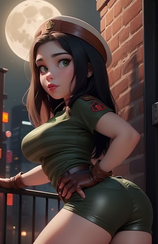 Sexy girl, AdriRock, perfect eyes, thick tighs, (((Wearing military green and red horizontal stripes t-shirt like t-shirt))), (((brown old leather hat))), ((brown leather gloves with fingers like knives)), (((brown short pants))), dinamic pose, pin-up (masterpiece, best quality), intricate details, perfectly drawn face.
In new York at Night with the moon In they sky.