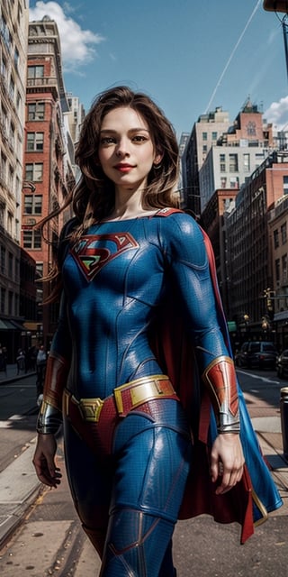 Masterpiece, beat quality, 
Kristen Kreuk, 25 years old,
((Wearing supergirl suit of the superhero with cape)), ((brown eyes)), ((bright_pupils)), (finely detailed face), sexy smile, long_hair,
cinematic lighting,
8k uhd, dslr, soft lighting,
high quality, film grain, Fujifilm XT3, extremely detailed CG unity 8k wallpaper,
Walking in New York city un summer day.