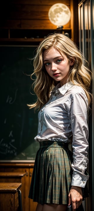masterpiece, beat quality, 8k uhd, dslr, soft lighting, high quality, film grain, Fujifilm XT3, 
extremely detailed CG unity 8k wallpaper,
woman, ((Caylee Cowan)), with a gun,
((Wearing a white shirt and scottish school skirt)),
((finely detailed and detailed face)), ((green eyes)), ((bright_pupils)),
((long blonde hair)), (sexy smile),
cinematic lighting, ((bust shot)),
In the school at night with the moon