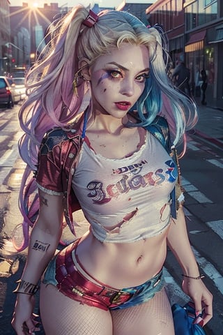 (((hyper realistic face)))(((extreme realistic skin detail))) (face with detailed shadows) (masterpiece:1.2, highest quality), (realistic, photo_realistic:1.9), ((Photoshoot)),

(a beautiful girl), 
((Harley Quinn with the face of KatyRock)), ((big_boobs, large pelvic, wide hip, midriff, narrow waist, nice ass, curvy waist:1.2)), ((slim, skinny waist:1.4)), ((sexy smile)), ((long_hair)), seductress, tempting, smug face, ((wide hips)) masterpiece, ((wearin white t-shirt, red and blue bikini, very small short shorts :1.2)), 
depth of field, spiked bracelet, torn clothes,
fishnet pantyhose, 
((looking_at_viewer)),(detailed face:1.2), (detailed eyes:1.2), (detailed background), (gradients), colorful, detailed landscape, visual key, 
shiny skin. Street in a modern city, 
tall buildings, a dazzling sunset. 
Medium shot. Action camera. Portrait film. Standard lens. Golden hour lighting.
sharp focus, 8k, UHD, high quality, frowning, intricate detailed, highly detailed, hyper-realistic. 