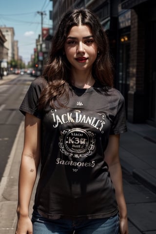 masterpiece, beat quality, woman standing front to the camera with the face of Valen5, wearing a black Jack Daniels's t-shirt with finely detailed beautiful golden eyes and detailed face a sexy smile and long_hair.
cinematic lighting, ((bust shot)),
8k uhd, dslr, soft lighting, 
high quality, film grain, Fujifilm XT3, 
extremely detailed CG unity 8k wallpaper,
Golden hour lighting,
shiny skin. Street in a modern city.
JackTshirt3, 