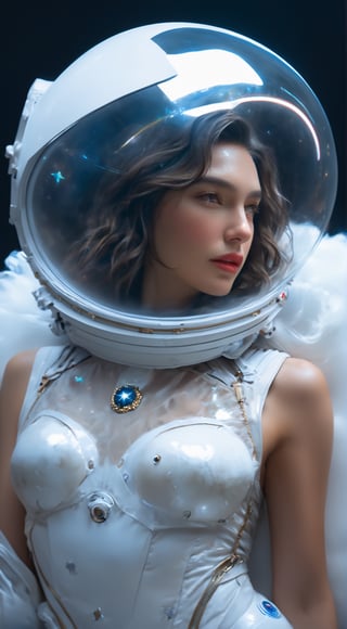 cinematic photo, 4k photo, extremely detail, gal gadot, floating in space, between the star, holding glowing globe moon, ((full astronat helmet)), ((sexy)), transparent astronat clothes, white, full body, pretty face, closeup shot ,painting by jakub rozalski,