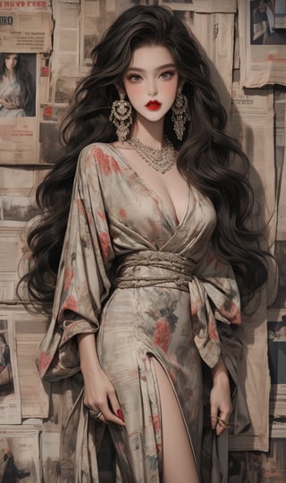 teen girl,skinny (masterpiece, best quality, ultra detailed, absurdres)1.5, long hair, bare legs, long hair
looking at viewer
jewelry
black hair
cowboy shot
earrings
long necklace
indoors
Kimono Dress
lips
wavy hair
red lips,chung,newspaper wall,fashiongirl