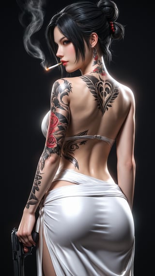 1girl, girl focus, tattoo, full back tattoo, black tattoo, black eyes, solo, black hair, back tattoo, soft red background, from behind, samurai white long sarong, hair bun, looking at viewer, backless female, character name, single hair bun, short hair, back, cigarette, hold, pistol, cinematic, portrait,(brilliant composition),photo r3al,3D,source_real