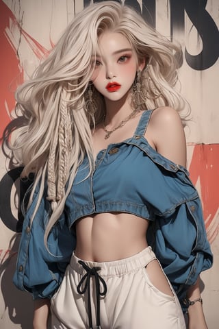  A beautiful teen girl with a skinny body, (white dreadlocks hair) , she is wearing a (red designed long top and designed bly track pants), fashion style clothing. Her toned body suggests her great strength. The girl is dancing hip-hop and doing all kinds of cool moves.,Sohwa,medium shot