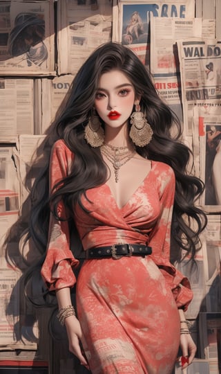 1girl, (masterpiece, best quality, ultra detailed, absurdres)1.5, long hair, bare legs, long hair
looking at viewer
long sleeves
dress
jewelry
black hair
cowboy shot
earrings
long necklace
indoors
midi dress
Waist belt
lips
wavy hair
red lips,chung,newspaper wall,fashiongirl