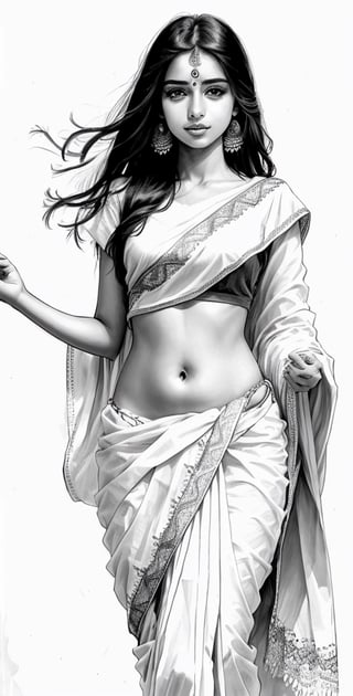 Pencil sketch, pencil sketch portrait of beautiful indian girl with long hair, blue eyes, embarrassed, nice figure, slim belly, Indian revealed white saree, dynamic posing, Art, black and white sketch, on white art paper, realistic sketch, ultra real sketch, pencil stroke sketch, pencil stroke shadow, perfect real light on paper, xyzsanart01,iinksketch,monochrome, full_body,Outline,sketch