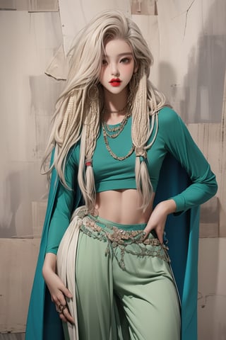  A beautiful teen girl with a skinny body, (white dreadlocks hair) , she is wearing a (green designed cape top and designed Harem Pants), fashion style clothing. Her toned body suggests her great strength. The girl is dancing hip-hop and doing all kinds of cool moves.,Sohwa,medium full shot
