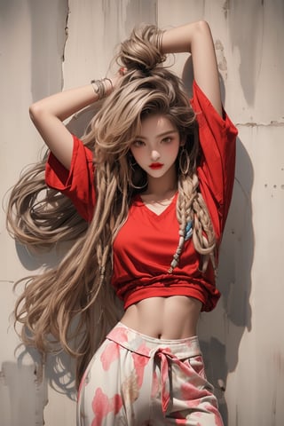  A beautiful teen girl with a skinny body, (dreadlocks hair) , she is wearing a (red designed long top and designed Harem Pants), fashion style clothing. Her toned body suggests her great strength. The girl is dancing hip-hop and doing all kinds of cool moves.,Sohwa, white wall background,medium shot,Detailedface